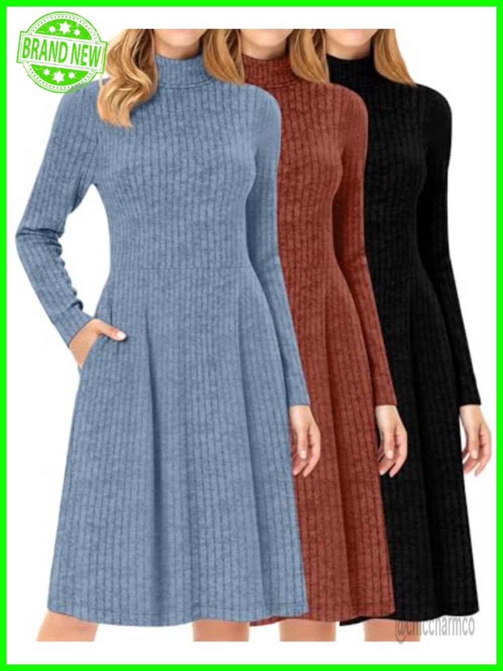 3 Pack Turtleneck Long Sleeve Ribbed Sweater Dresses Empire Waist with Pockets